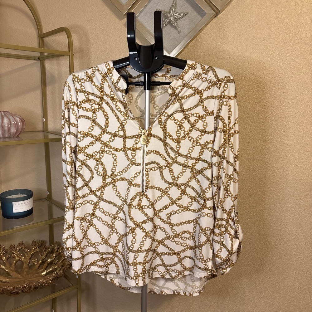 Michael Michael Kors Chain Print Half Zip Blouse Gold MK Zipper Size M‎